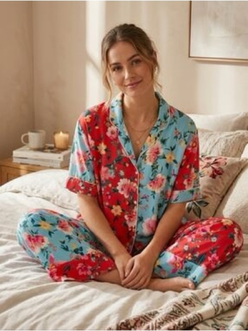 Beauty Sleep Social Floral Contrast Button-Down Pajama Set - Red & Light Blue